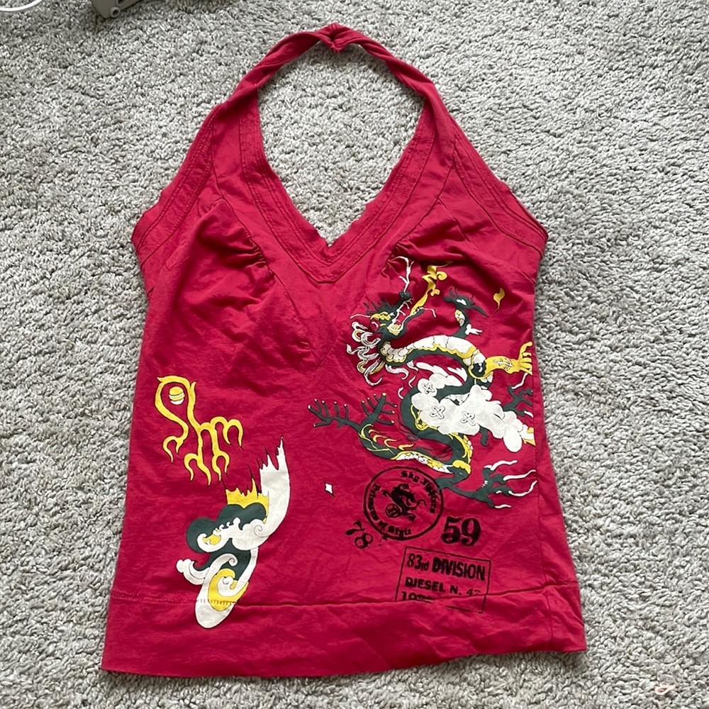 red halter tank top with dragon design